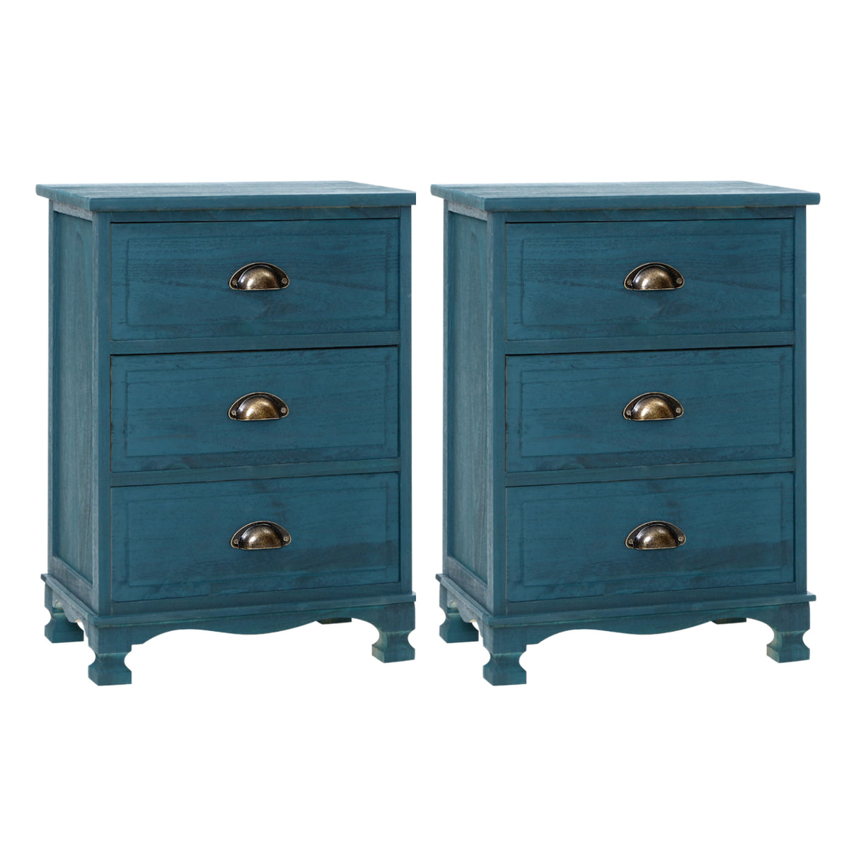 Artiss Thyme Blue Three Drawer Bedside Tables, Set of 2
