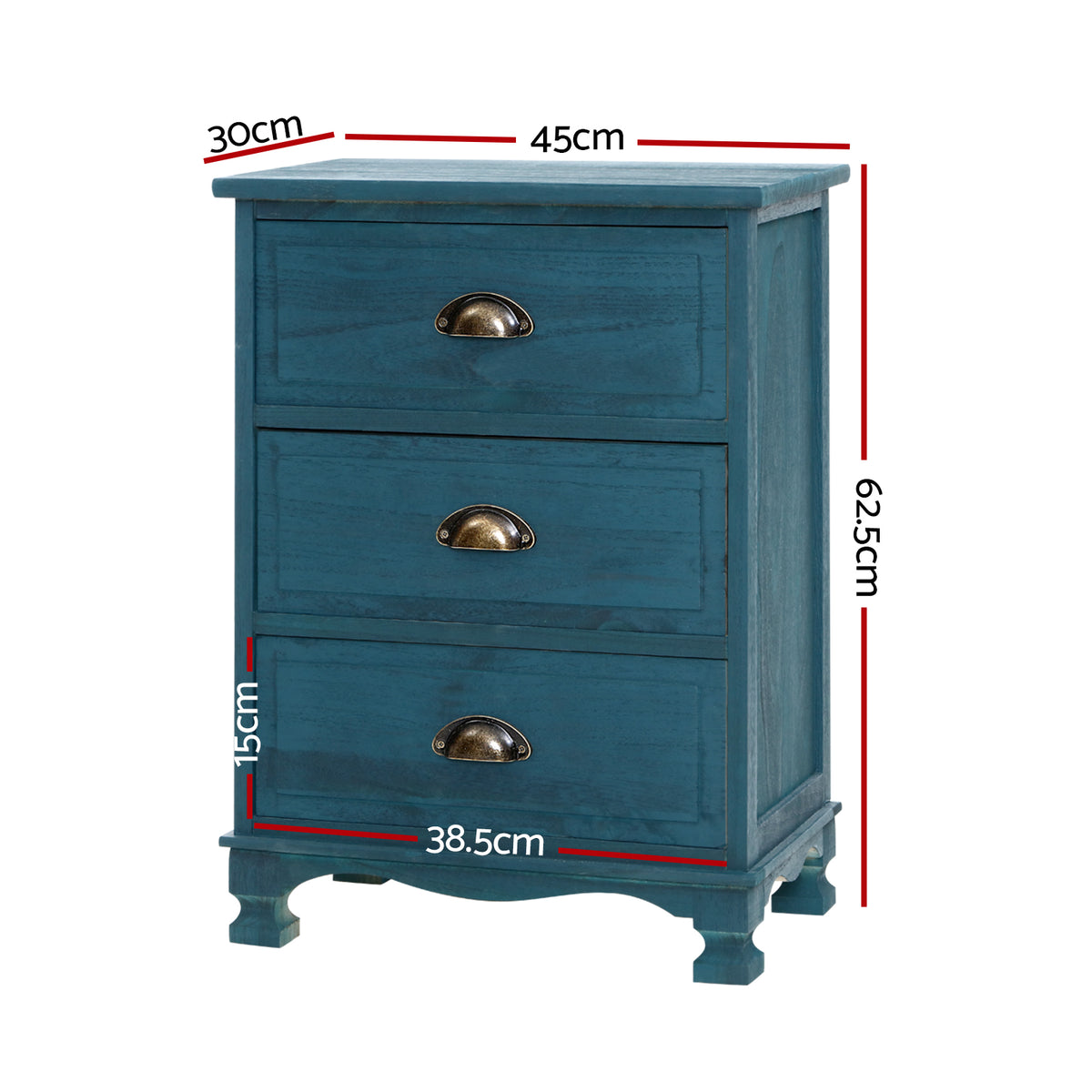 Artiss Thyme Blue Three Drawer Bedside Tables, Set of 2