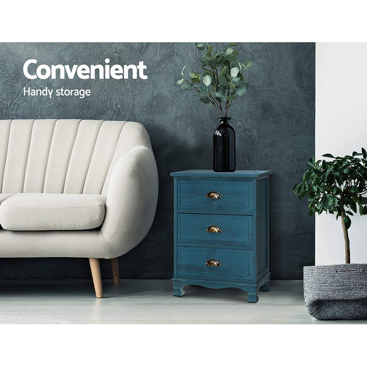 Artiss Thyme Blue Three Drawer Bedside Tables, Set of 2