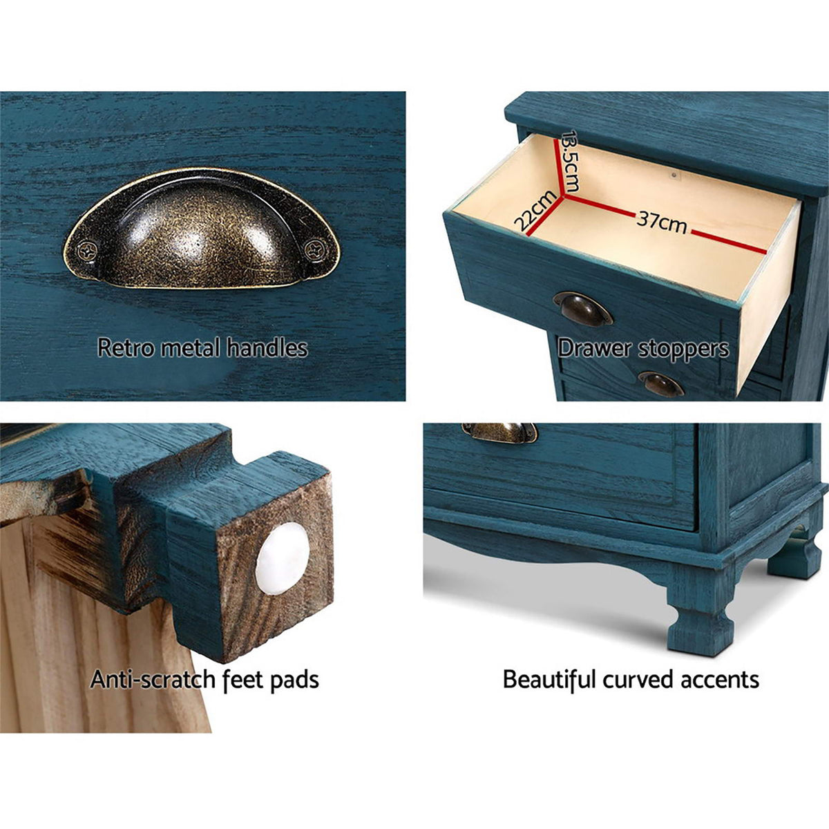 Artiss Thyme Blue Three Drawer Bedside Tables, Set of 2
