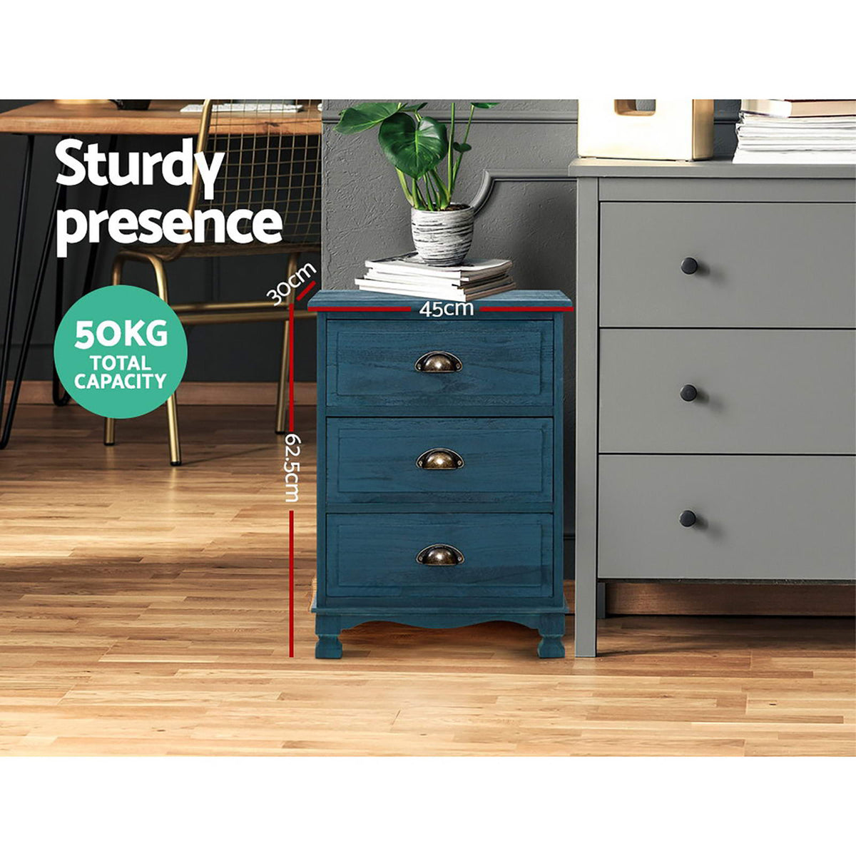 Artiss Thyme Blue Three Drawer Bedside Tables, Set of 2