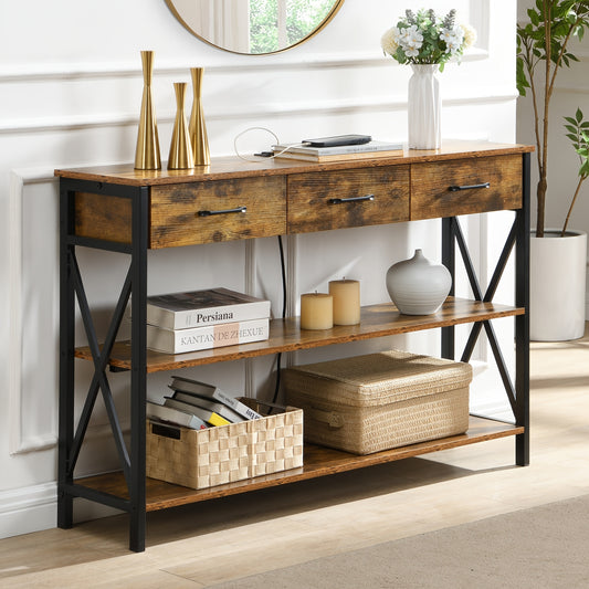 Industrial Console Table with Three Drawers and Shelves