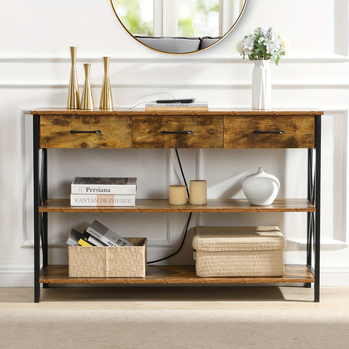 Industrial Console Table with Three Drawers and Shelves