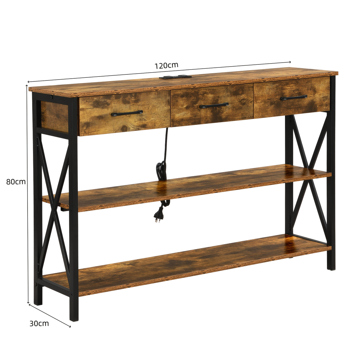 Industrial Console Table with Three Drawers and Shelves