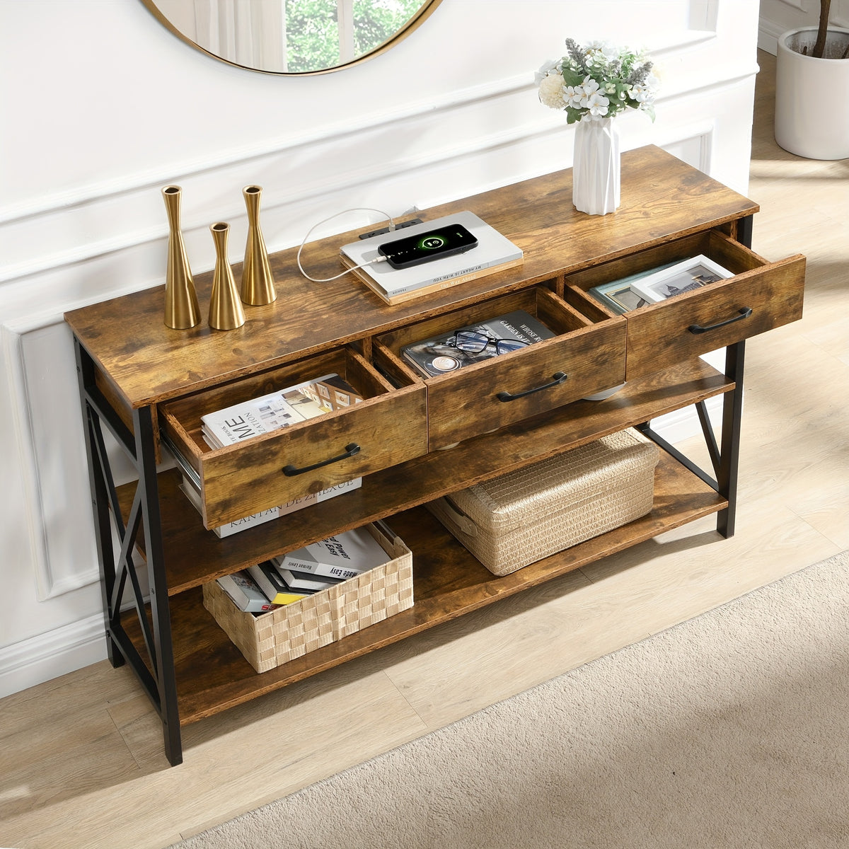 Industrial Console Table with Three Drawers and Shelves