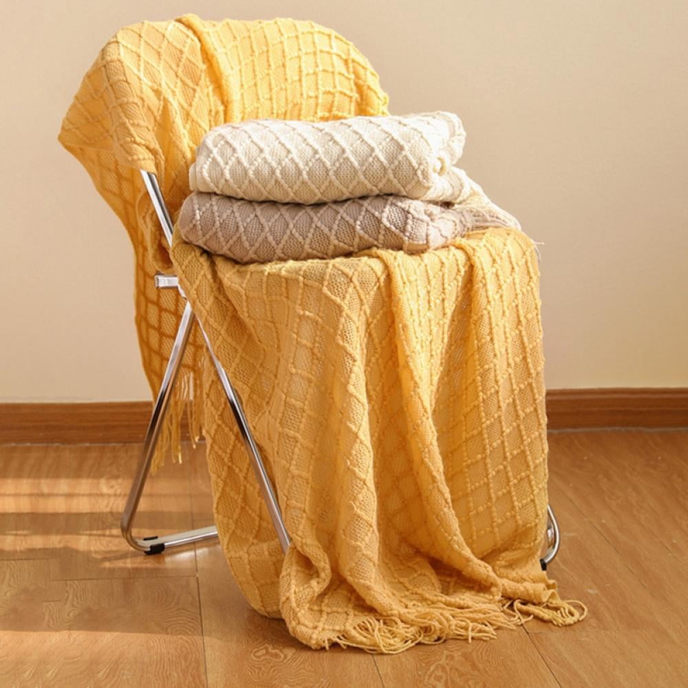 Throw Blanket for Couch 50 x 60 inches Knit Woven Blankets Cozy Lightweight Decorative Throw for Bed and Living Room,Beige Yellow