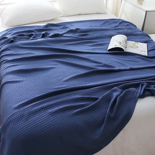 Cooling Cotton Waffle Weave Throw Blanket - Lightweight Breathable Blanket of Rayon Derived from Bamboo for Hot Sleepers, Luxury Throws for Bed, Couch and Sofa, Blue, 43x50 Inches