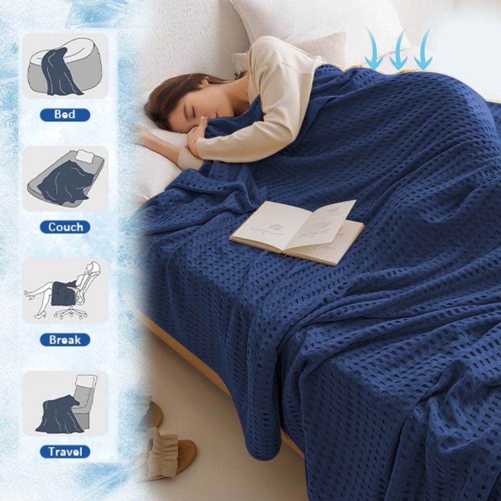 Cooling Cotton Waffle Weave Throw Blanket - Lightweight Breathable Blanket of Rayon Derived from Bamboo for Hot Sleepers, Luxury Throws for Bed, Couch and Sofa, Blue, 43x50 Inches