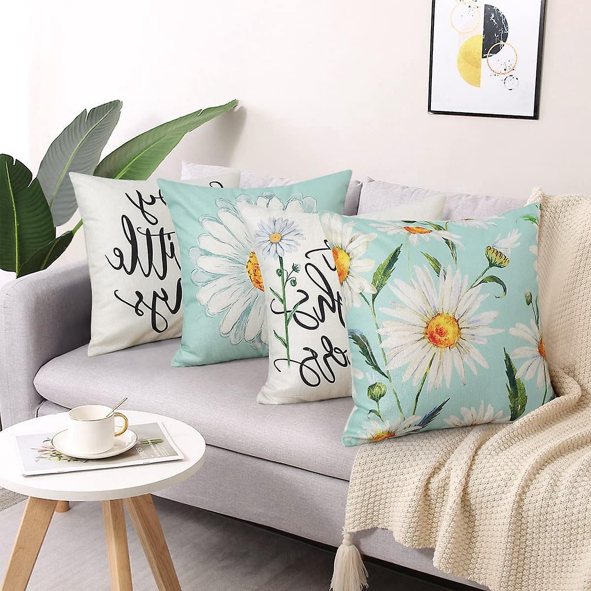 Cushion Cover 45 x 45 cm Set of 4 Decorative Cushions Daisy Cushion Cover Decoration Cotton Decorative Cushions for Garden Living Room Bedroom Modern