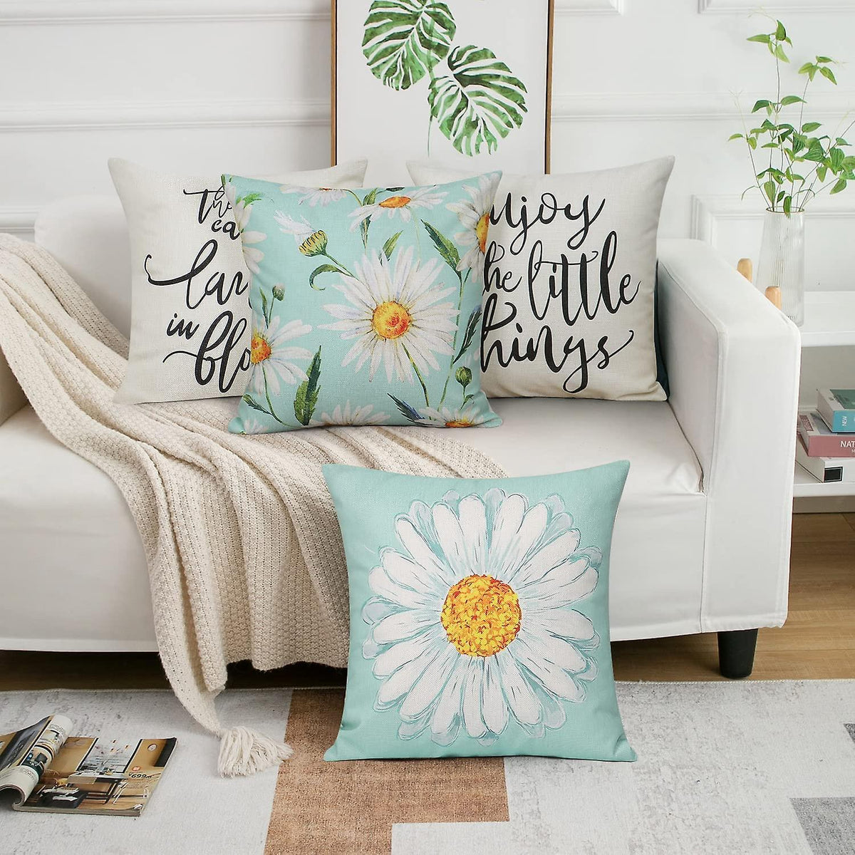 Cushion Cover 45 x 45 cm Set of 4 Decorative Cushions Daisy Cushion Cover Decoration Cotton Decorative Cushions for Garden Living Room Bedroom Modern