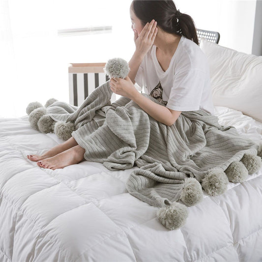 Throw Blanket Gray 90x90cm Cotton Knitted Pom Pom Throw Blanket for Sofa Bed Car Camping