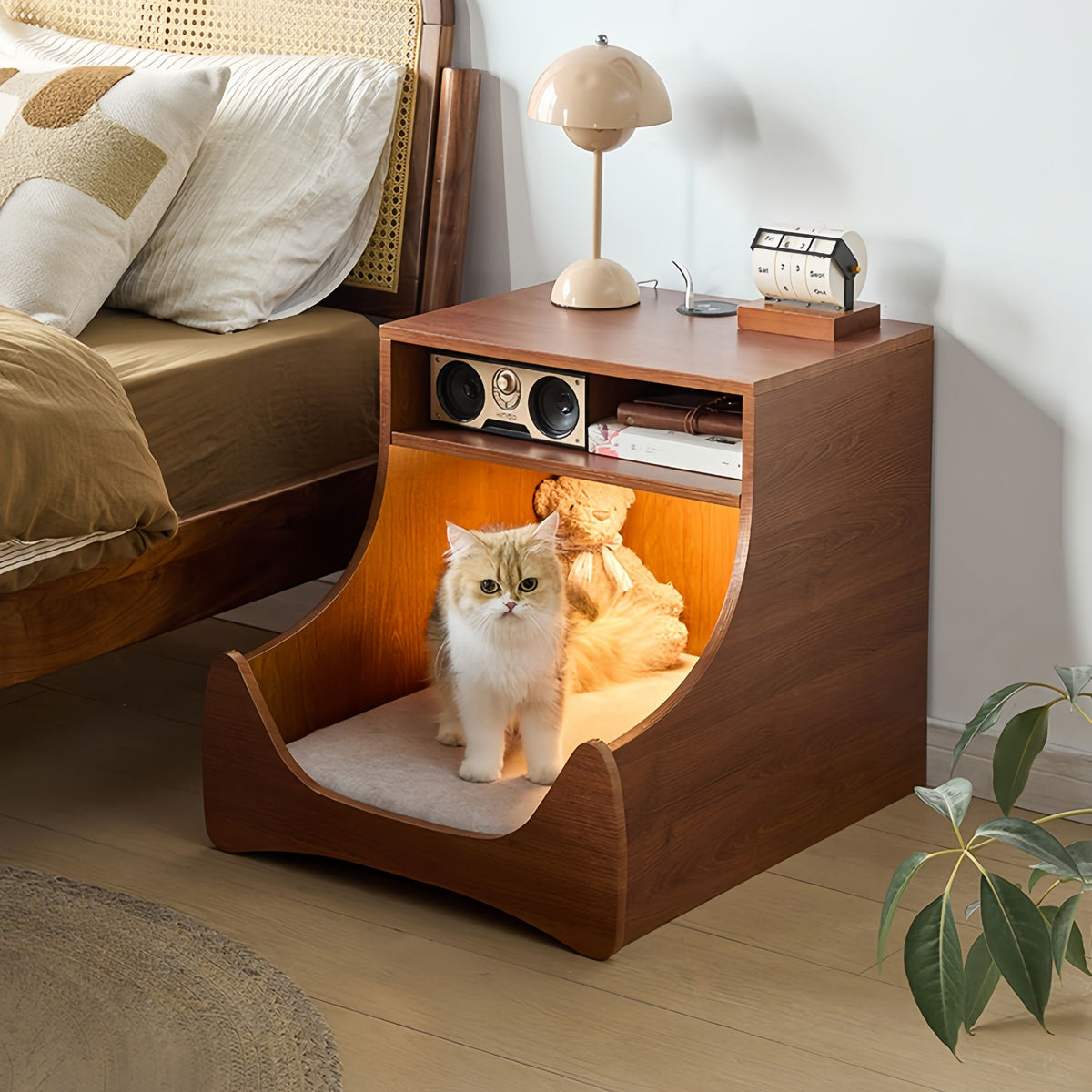 LED Bedside Table with Wireless Charging and Pet Nook