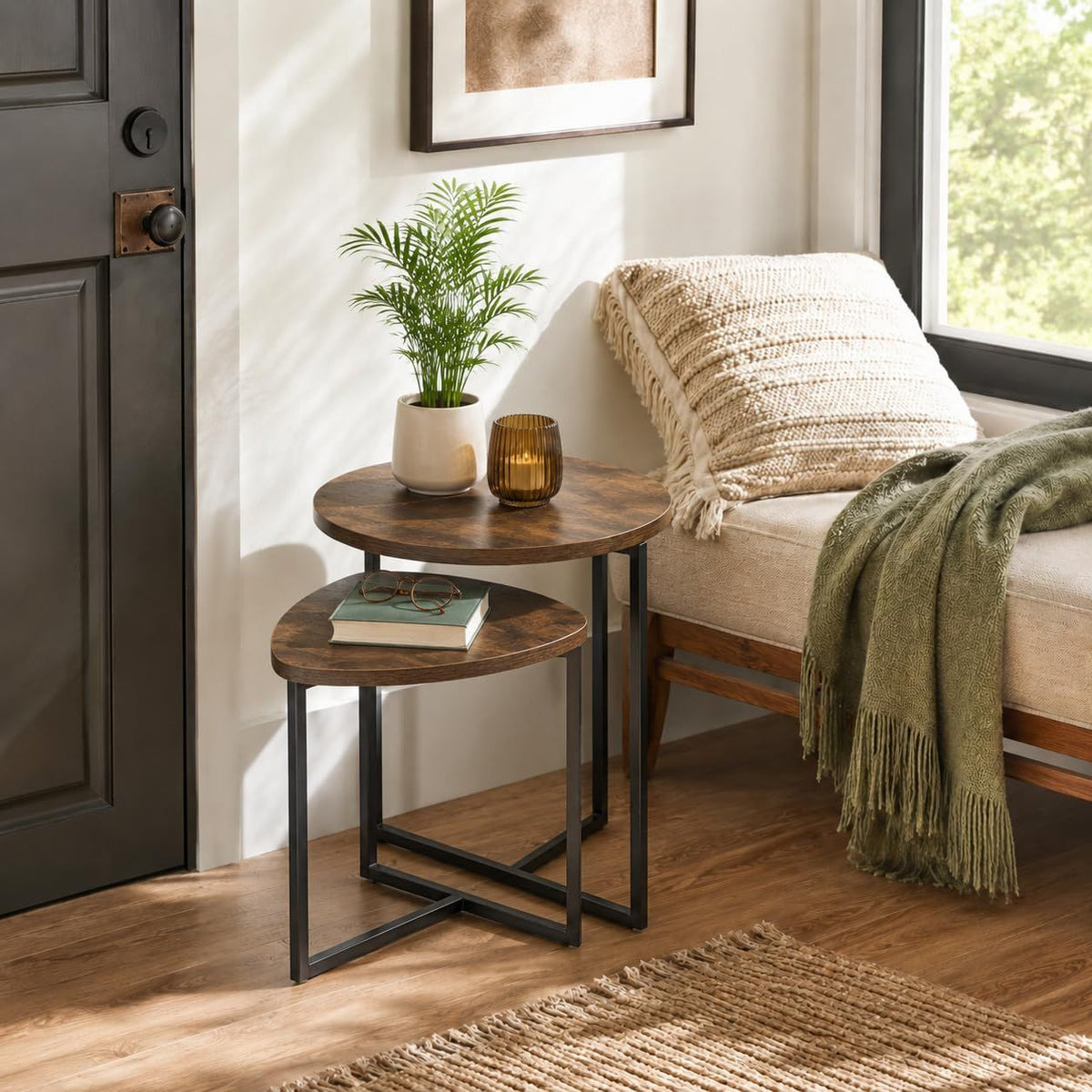 Rustic Brown Round Nesting Side Tables, Set of 2