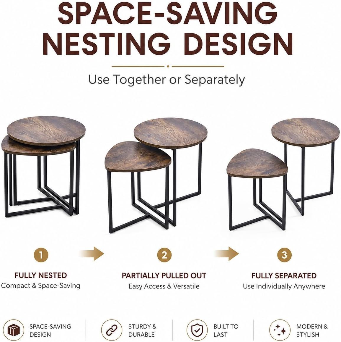 Rustic Brown Round Nesting Side Tables, Set of 2