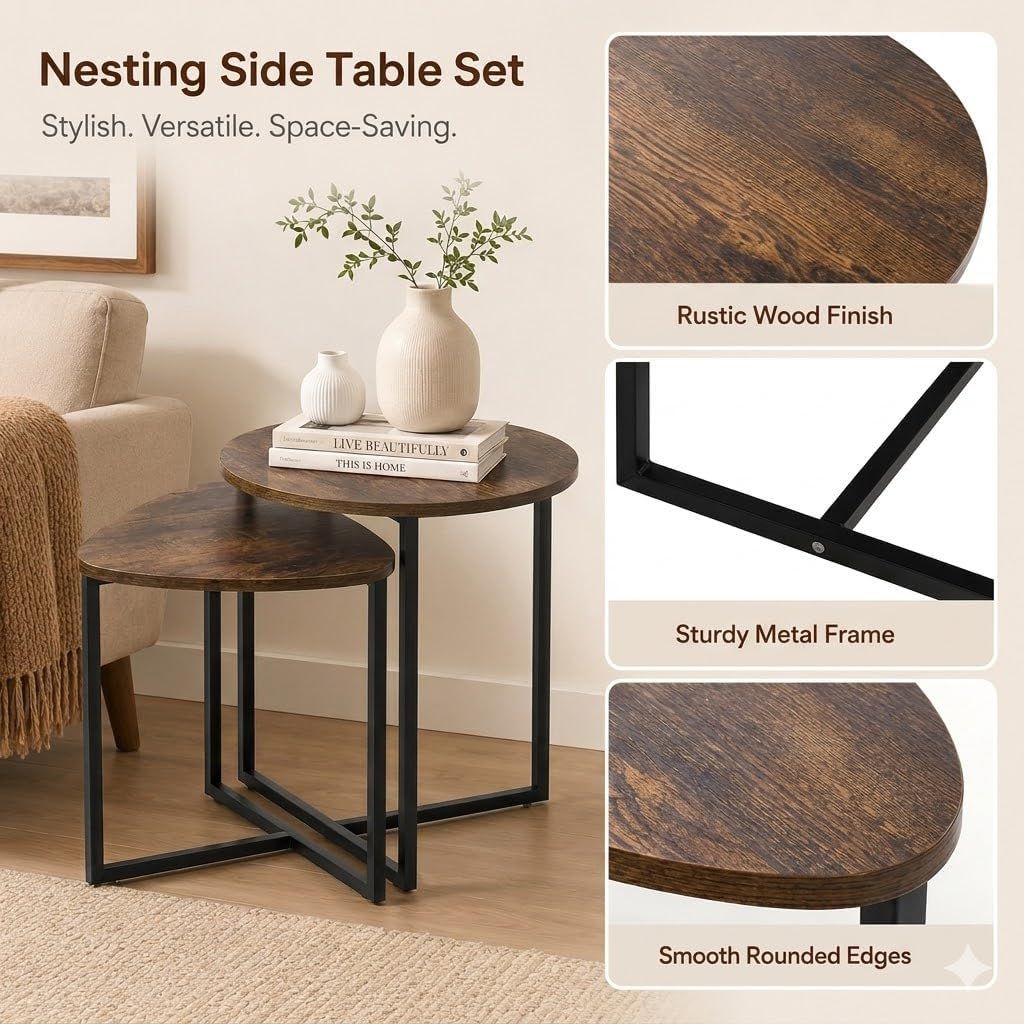 Rustic Brown Round Nesting Side Tables, Set of 2