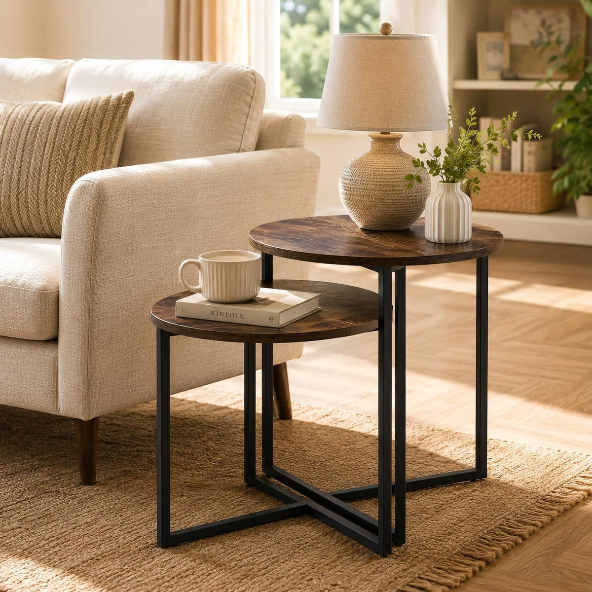 Rustic Brown Round Nesting Side Tables, Set of 2
