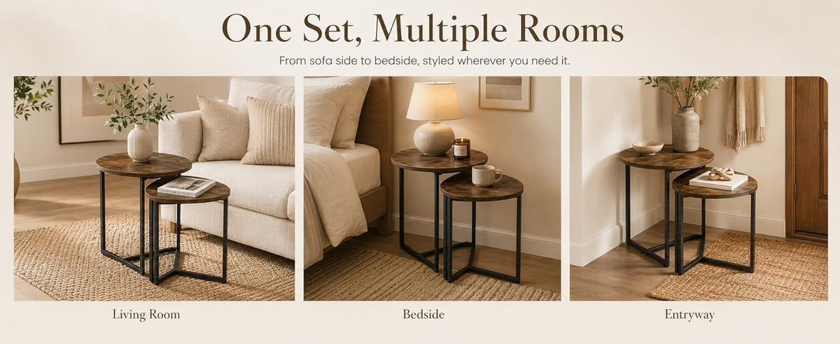 Rustic Brown Round Nesting Side Tables, Set of 2