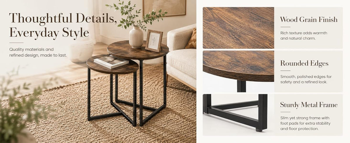 Rustic Brown Round Nesting Side Tables, Set of 2