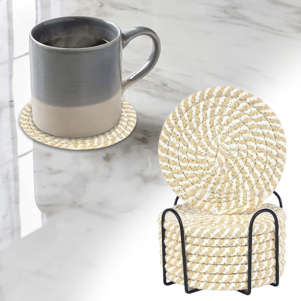 Cotton Woven Coasters with Holder, Set of 8