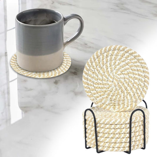 Cotton Woven Coasters with Holder, Set of 8