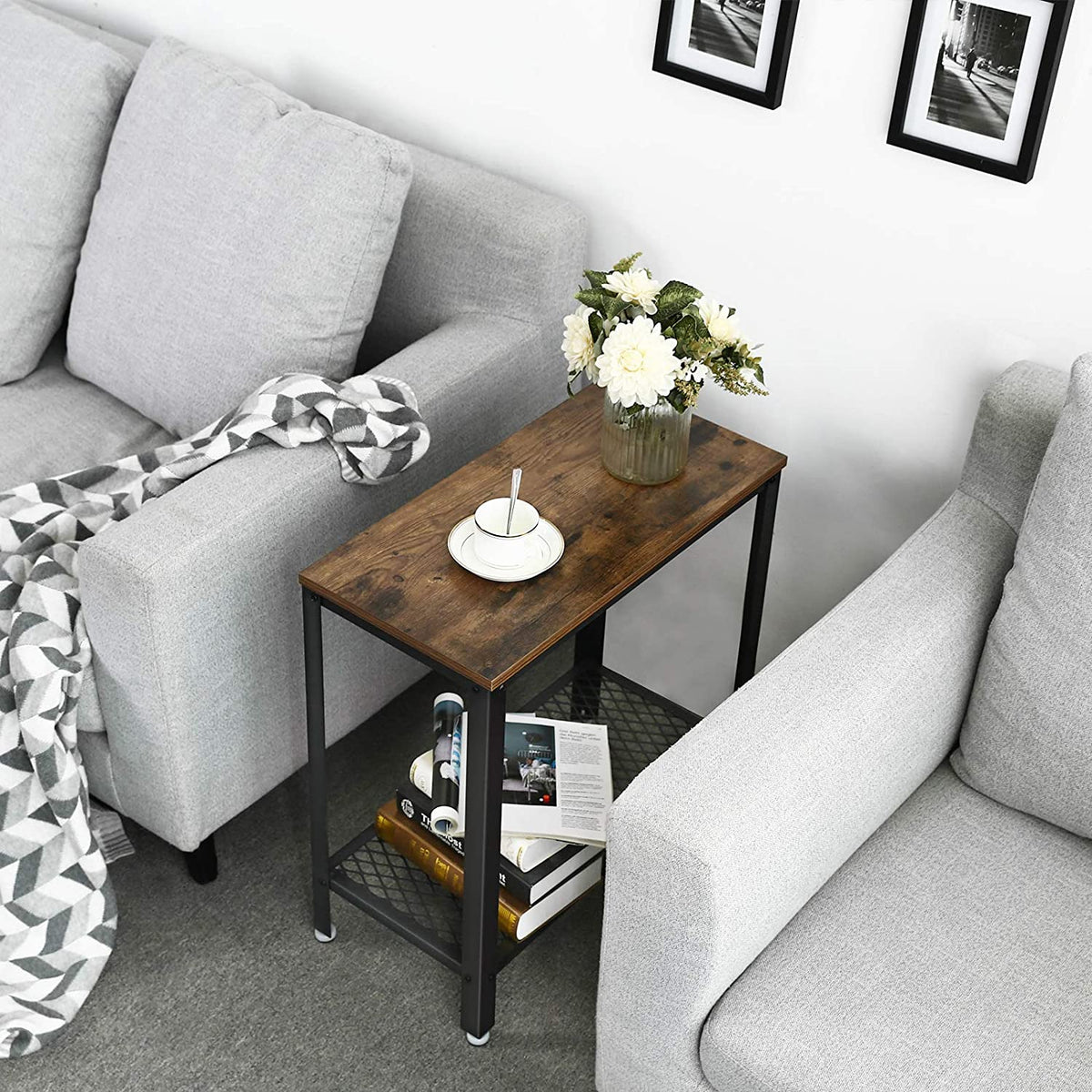 Rustic Brown Industrial Side Table with Mesh Shelf