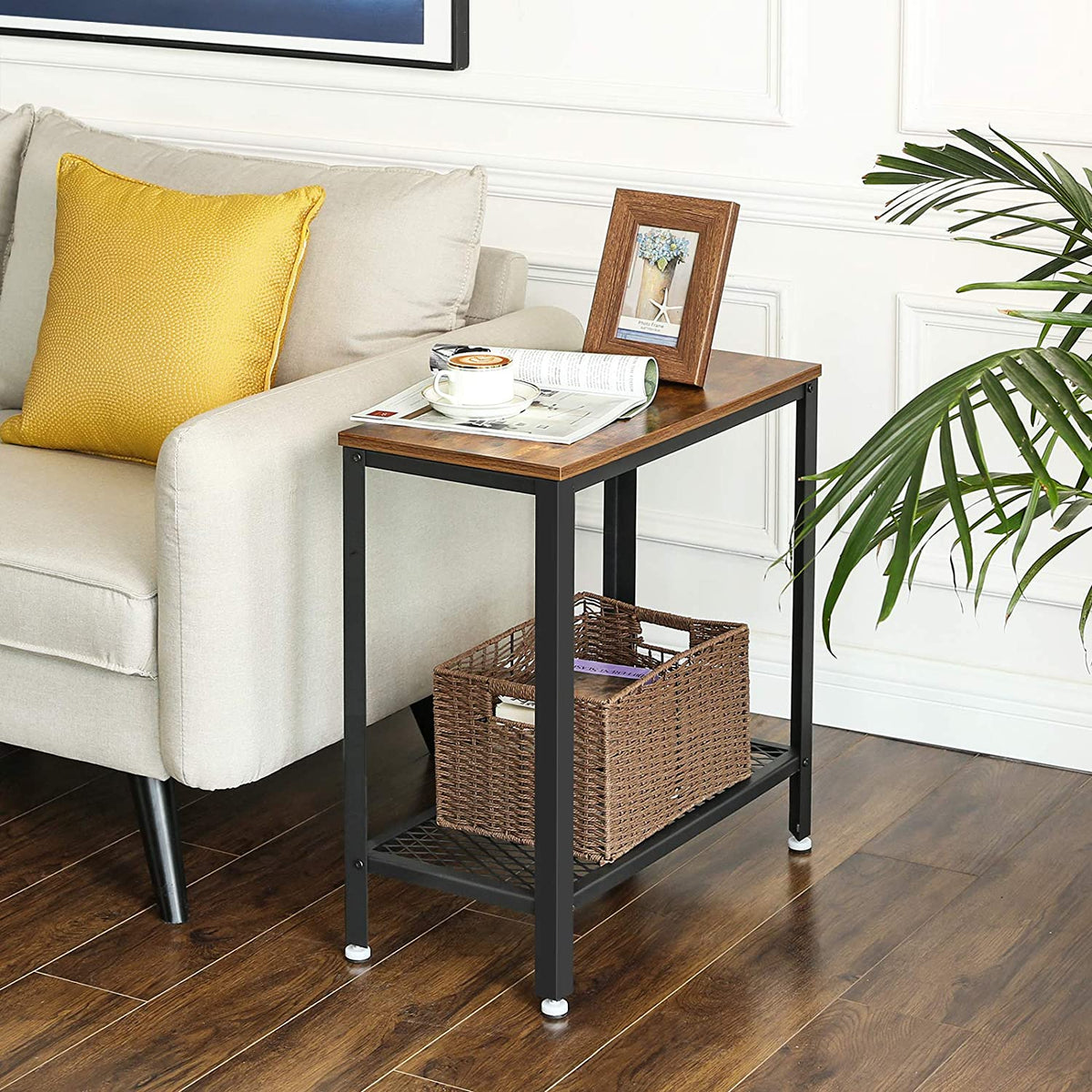 Rustic Brown Industrial Side Table with Mesh Shelf