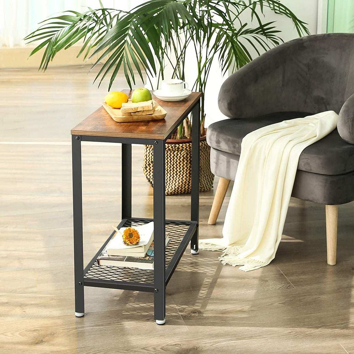 Rustic Brown Industrial Side Table with Mesh Shelf