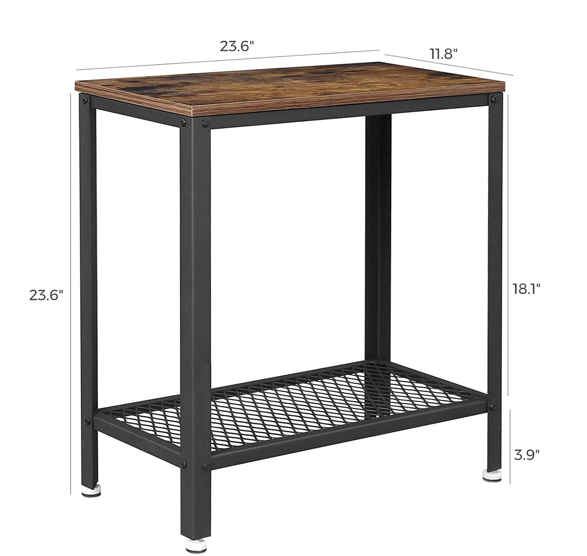 Rustic Brown Industrial Side Table with Mesh Shelf