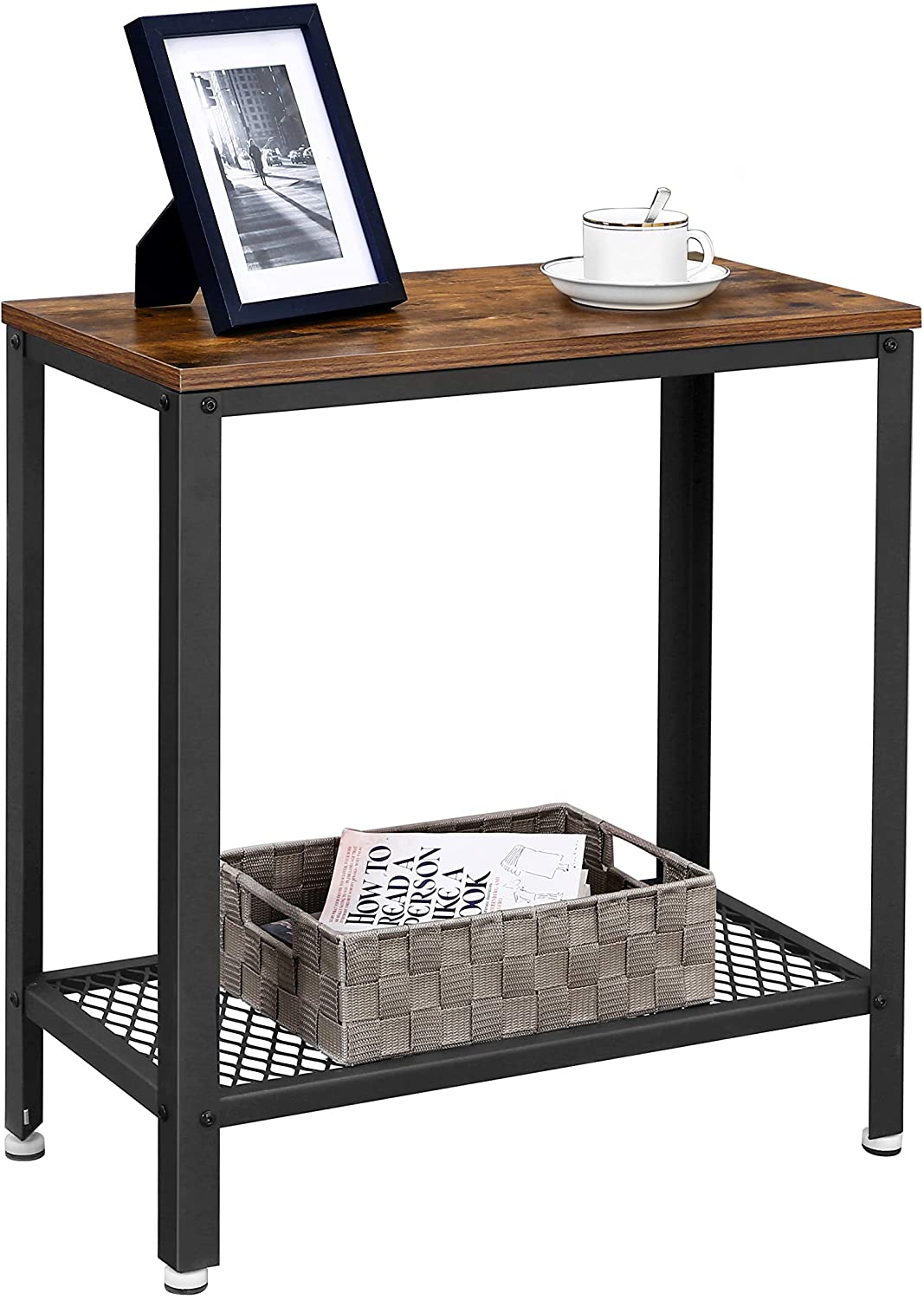 Rustic Brown Industrial Side Table with Mesh Shelf