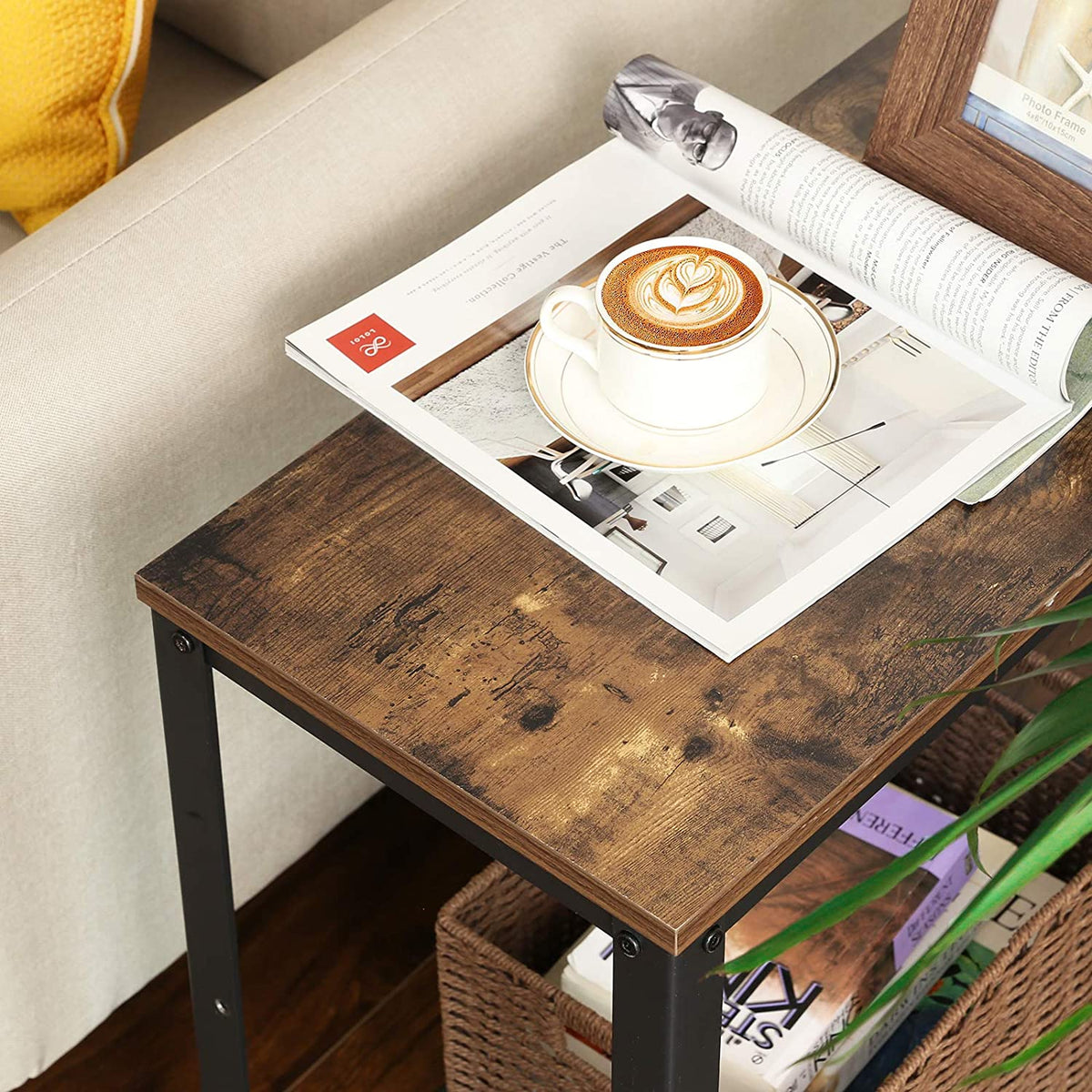Rustic Brown Industrial Side Table with Mesh Shelf