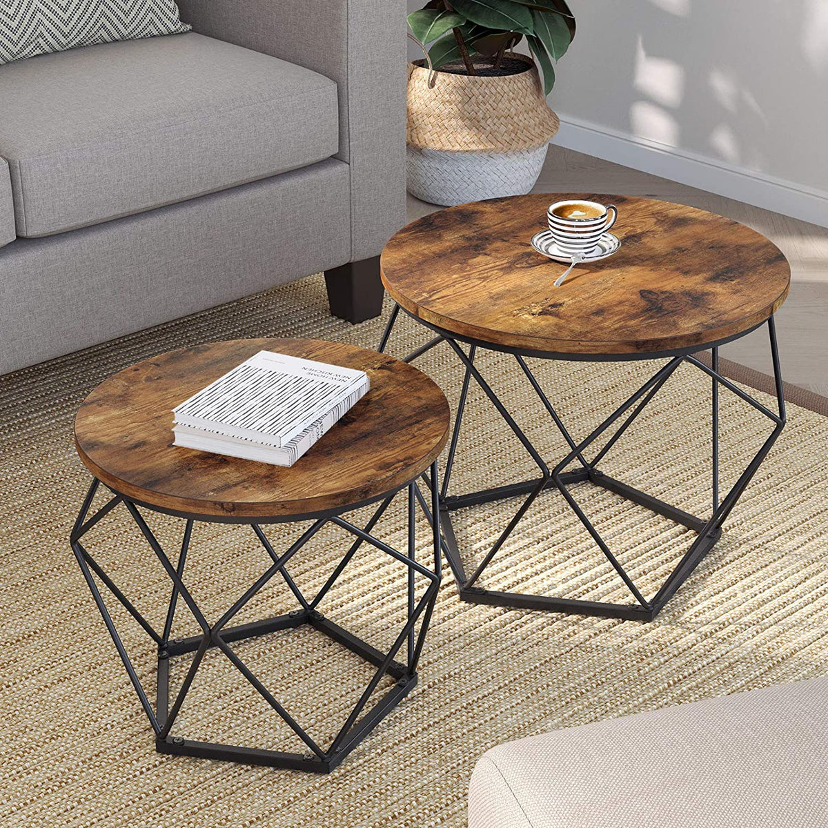 Rustic Brown and Black Side Tables, Set of 2