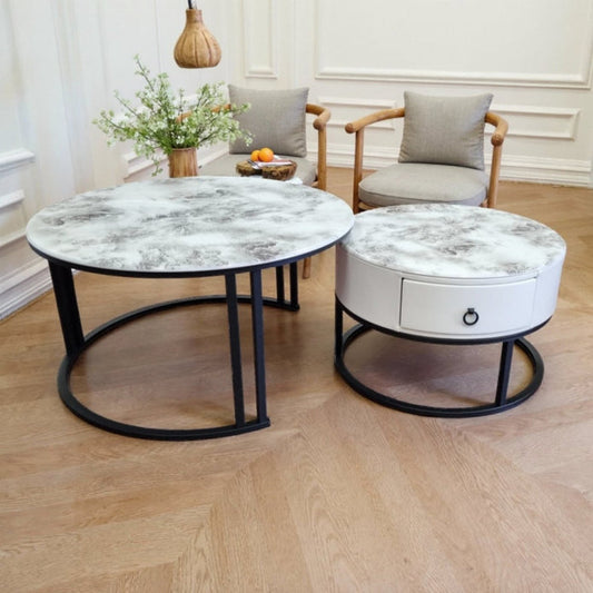 Snowy Mountain Marble Look Nesting Tables with Black Frames
