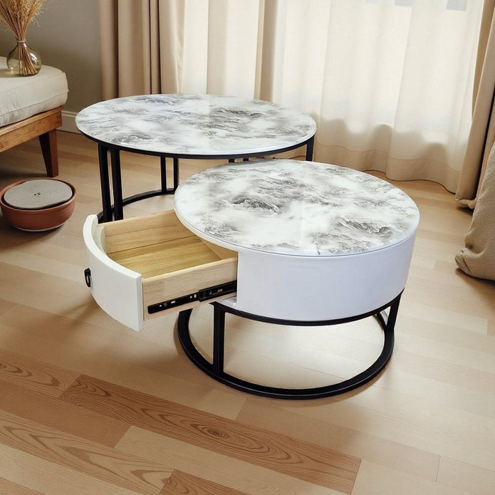 Snowy Mountain Marble Look Nesting Tables with Black Frames