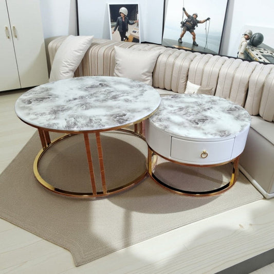 Snowy Mountain Marble Look Nesting Tables with Gold Frames