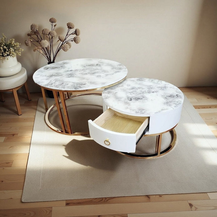 Snowy Mountain Marble Look Nesting Tables with Gold Frames