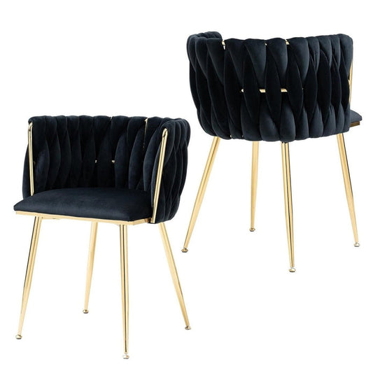 SERENITà Black Modern Hand Weaving Dining Chairs,Velvet Upholstered Side Chairs with Gold Legs, Chic Vanity Chairs with Armrest, Accent Chair for Dining Room, and Cafe Set of 2