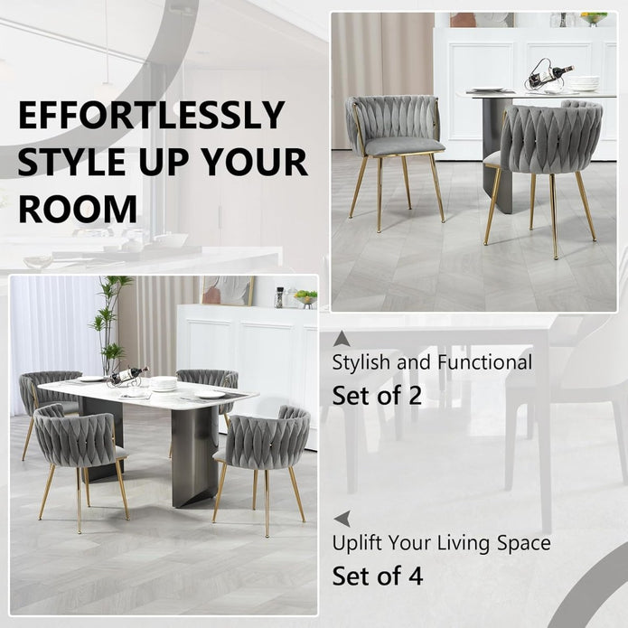 SERENITà Grey Modern Hand Weaving Dining Chairs,Velvet Upholstered Side Chairs with Gold Legs, Chic Vanity Chairs with Armrest, Accent Chair for Dining Room, and Cafe Set of 2