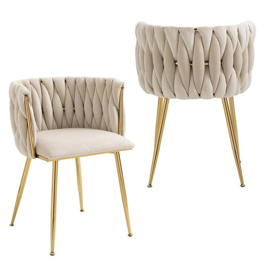 SERENITà Ivory Modern Hand Weaving Dining Chairs,Velvet Upholstered Side Chairs with Gold Legs, Chic Vanity Chairs with Armrest, Accent Chair for Dining Room, and Cafe Set of 2
