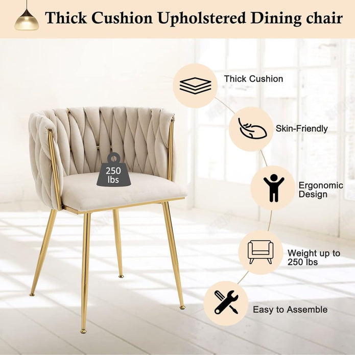 SERENITà Ivory Modern Hand Weaving Dining Chairs,Velvet Upholstered Side Chairs with Gold Legs, Chic Vanity Chairs with Armrest, Accent Chair for Dining Room, and Cafe Set of 2