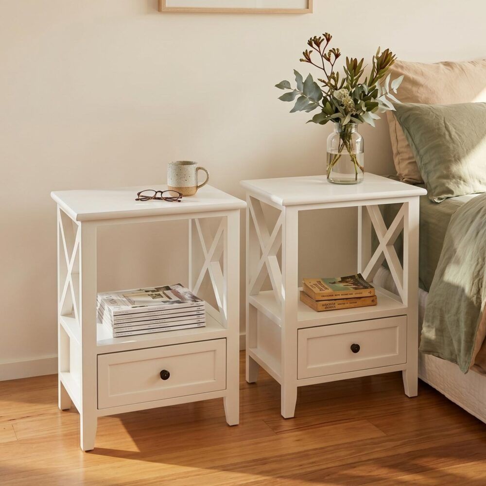Rustic White Bedside Tables with Drawers, Set of 2