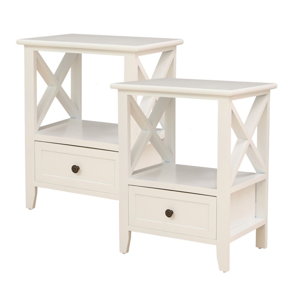 Rustic White Bedside Tables with Drawers, Set of 2