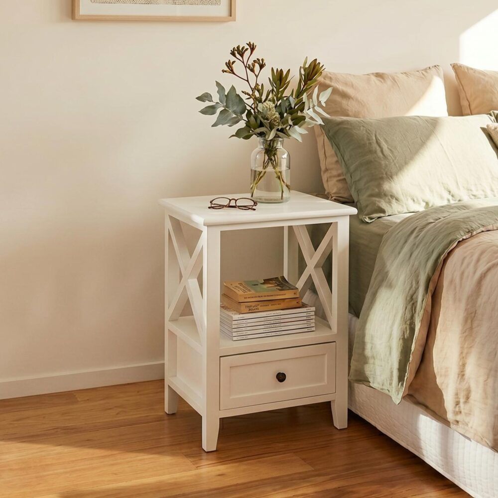 Rustic White Bedside Tables with Drawers, Set of 2