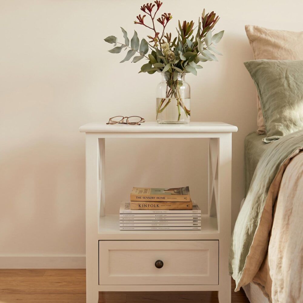 Rustic White Bedside Tables with Drawers, Set of 2