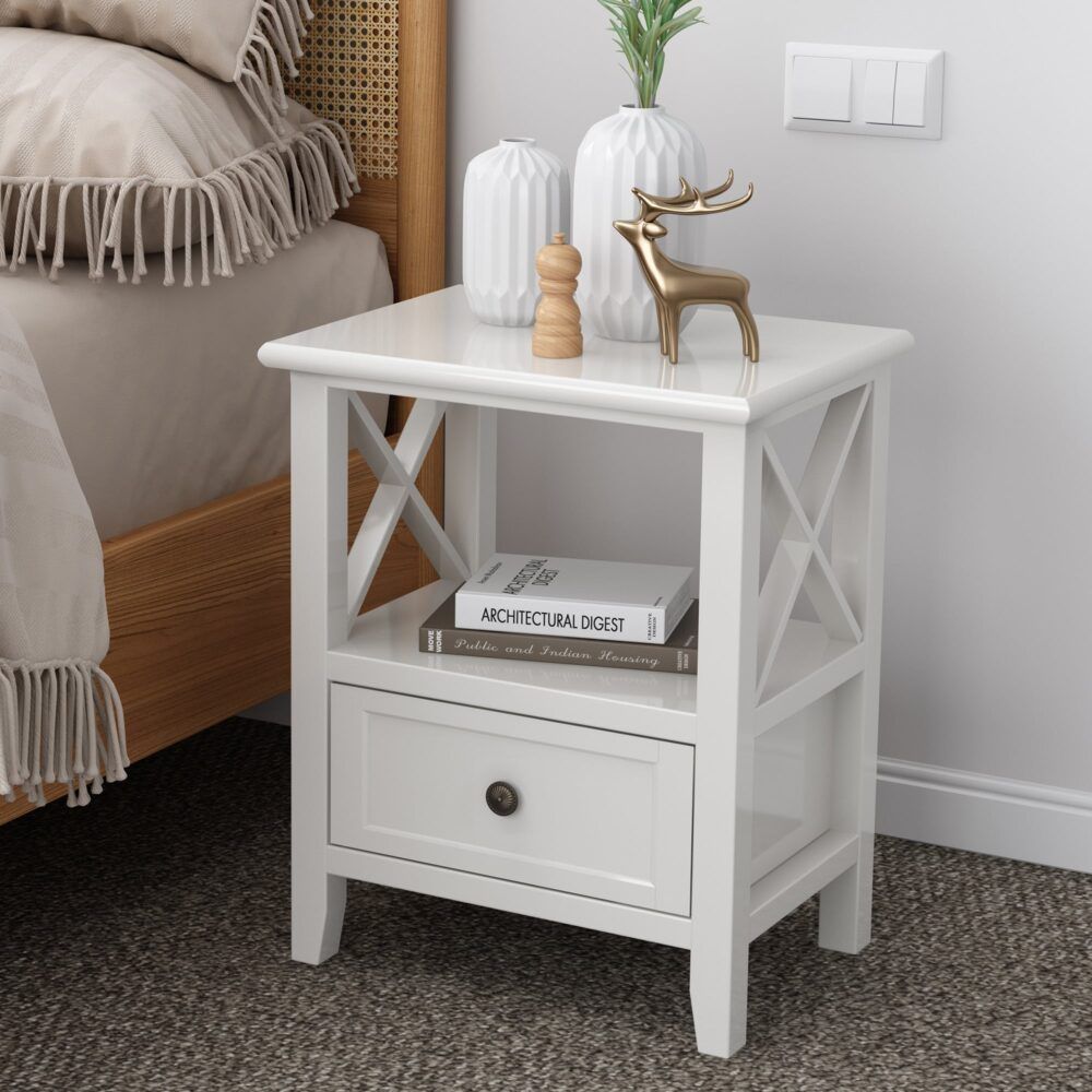 Rustic White Bedside Tables with Drawers, Set of 2