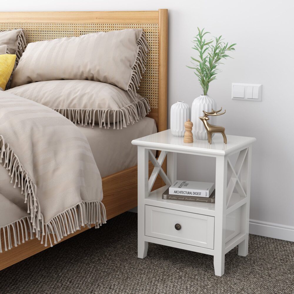 Rustic White Bedside Tables with Drawers, Set of 2