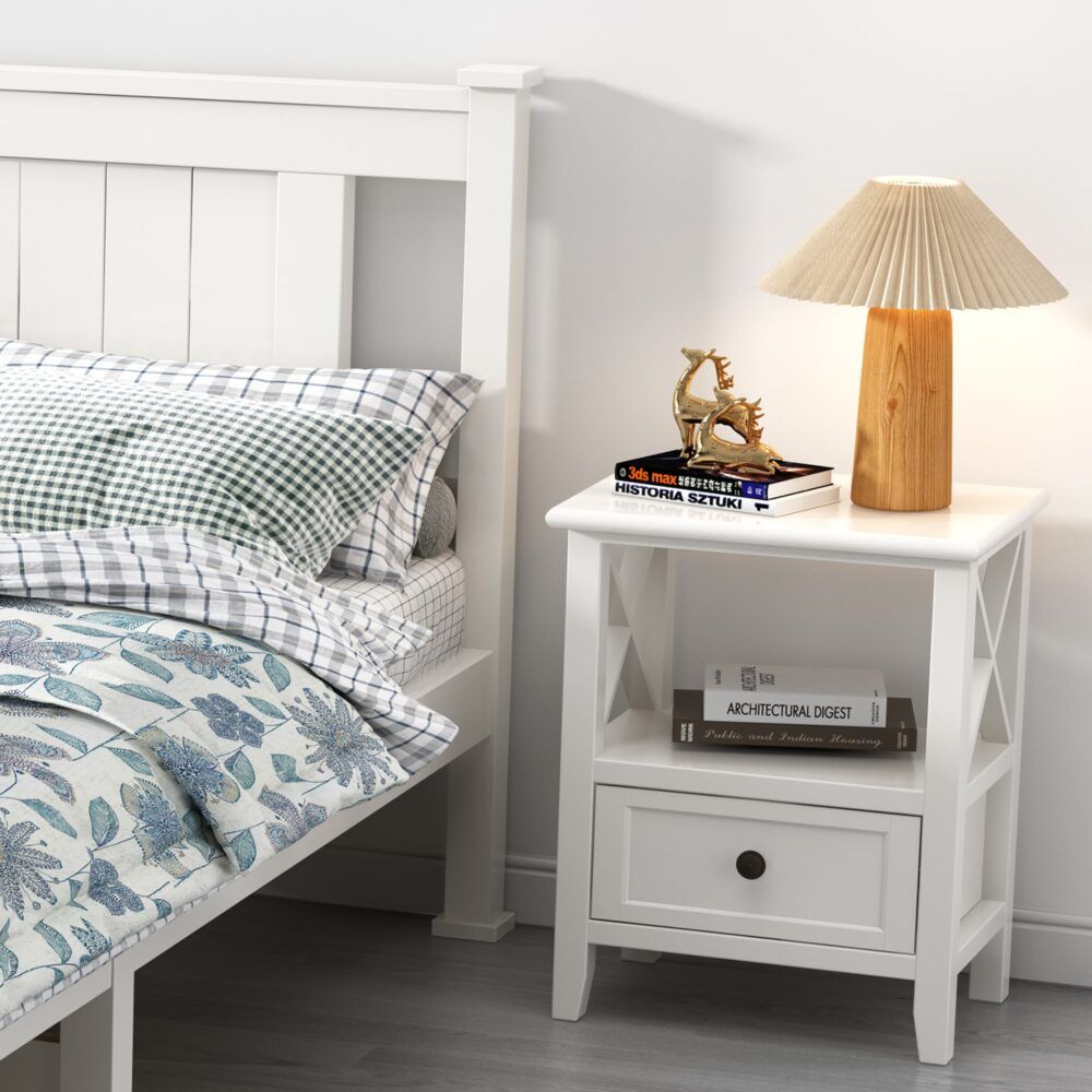 Rustic White Bedside Tables with Drawers, Set of 2