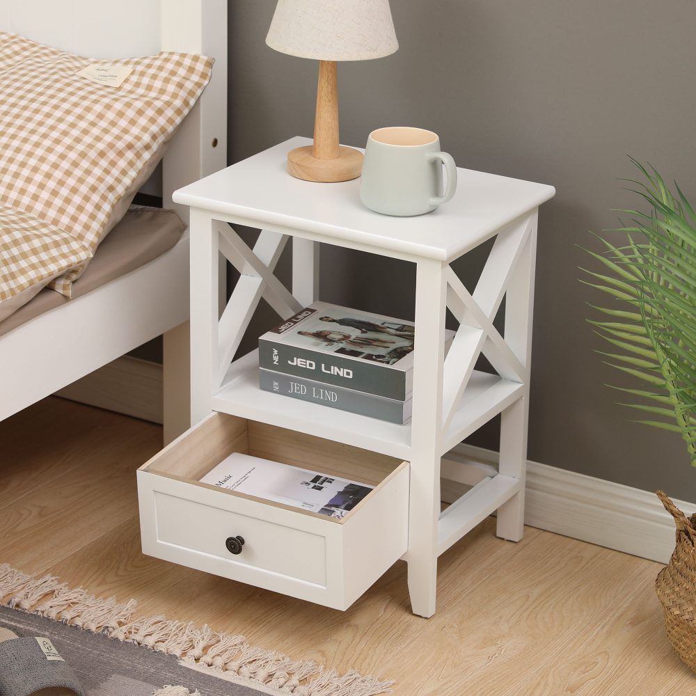 Rustic White Bedside Tables with Drawers, Set of 2