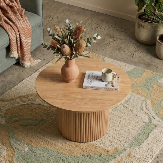 Round Ribbed Wood Coffee Table