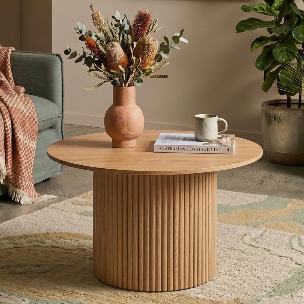 Round Ribbed Wood Coffee Table