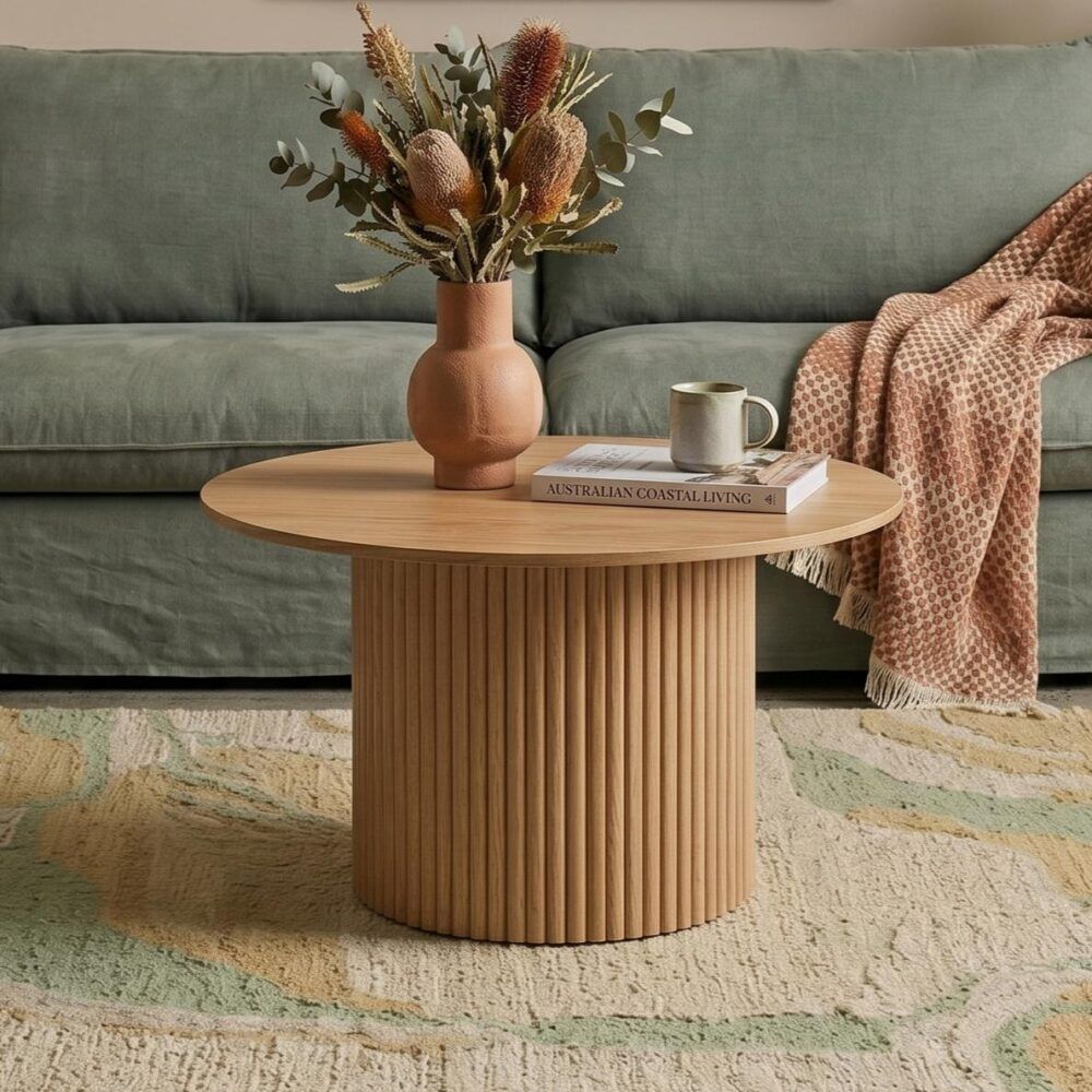 Round Ribbed Wood Coffee Table